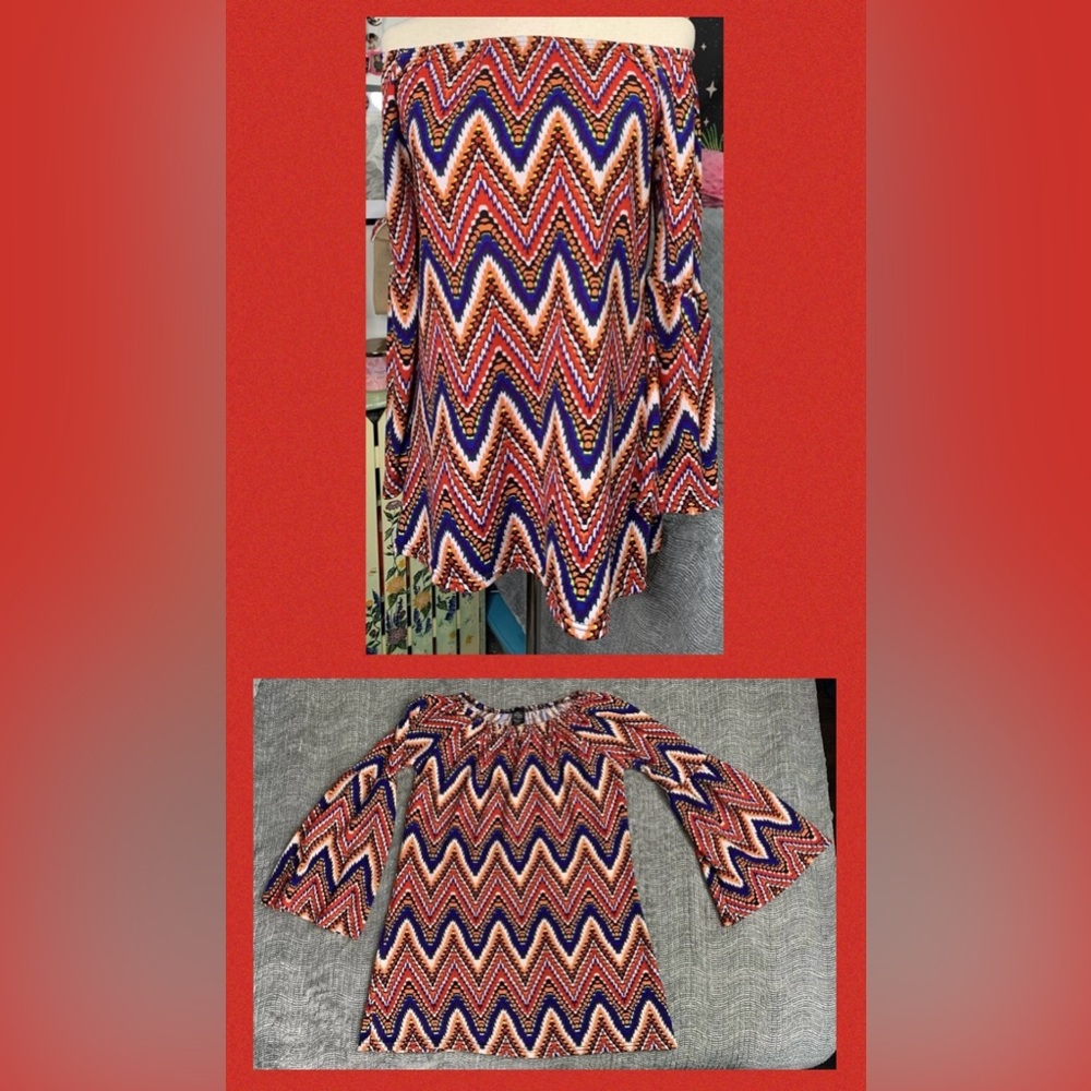 WinWin Multicolored Tunic Off or On the Shoulder Top Bell Sleeve 
Size S/M